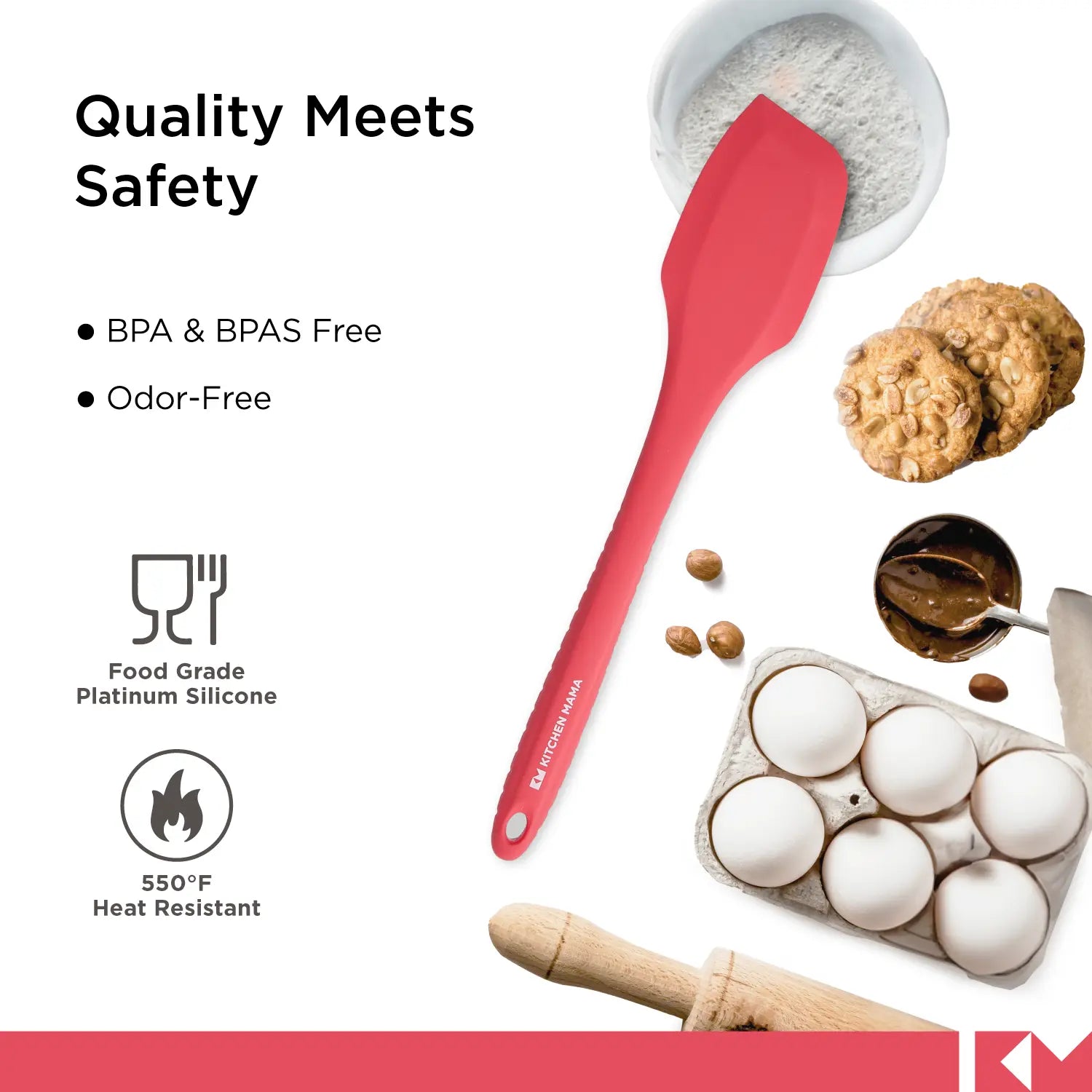 Kitchen Mama Silikonschaber, rot, SP0310-R, Qualität trifft Sicherheit, BPA- und BPAS-frei, geruchsneutral, lebensmittelechtes Platin-Silikon